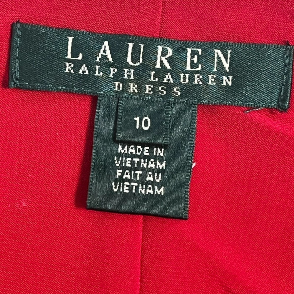 Lauren Ralph Lauren Red Ruched Ruffle Sheath Dress Long Sleeve Size 10 Stretch - Picture 4 of 11